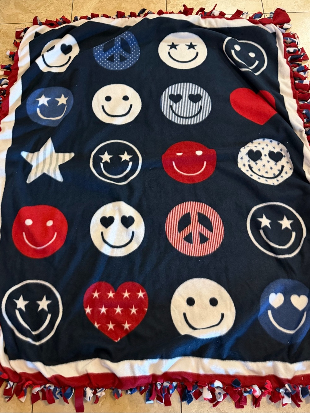 Peace Stars Smiley Faces Patriotic Fleece Handmade Soft Tie Blanket Throw Picnic